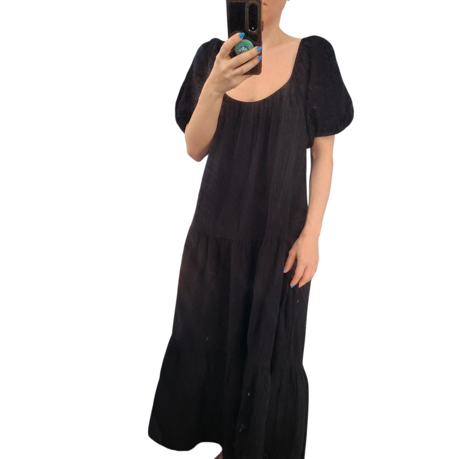 Honorine Gauze Pamela Midi Dress S Black Minimalist Cottagecore Beach Coastal